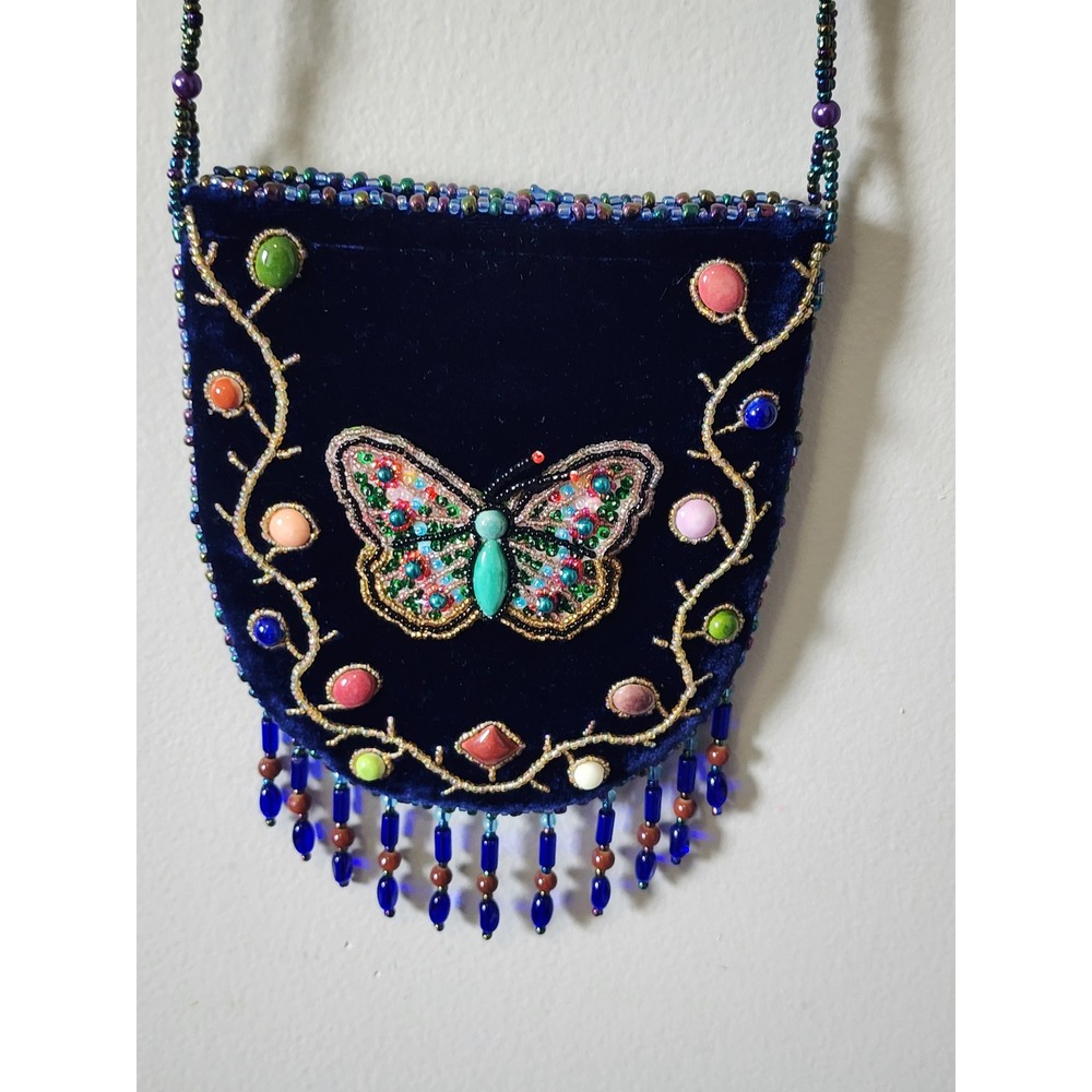 Vintage Boho Navy Blue Velvet Beaded Butterfly Crossbody Pouch Fringe Bag